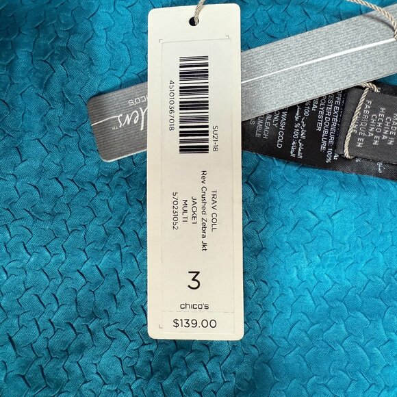 Chico's By Travelers Rev Crushed Zebra Duster Womens 3 Turquoise Gold Open Front - Picture 7 of 15